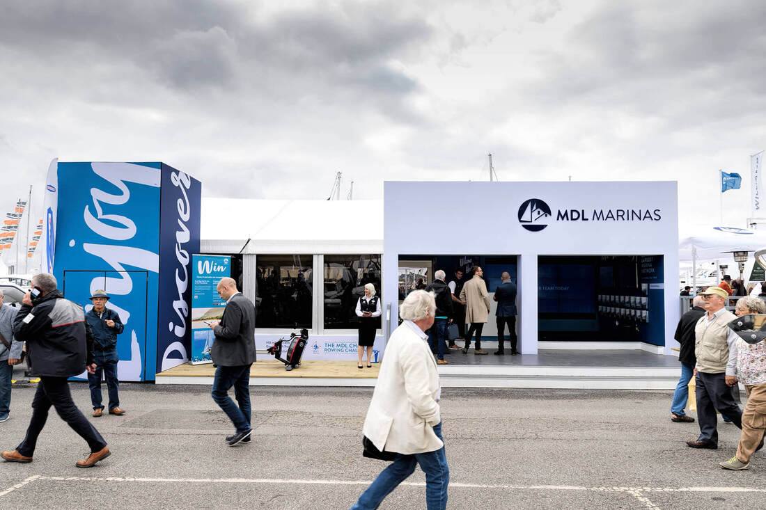 Exterior of MDL marina's exhibition stand at Southampton Boat Show